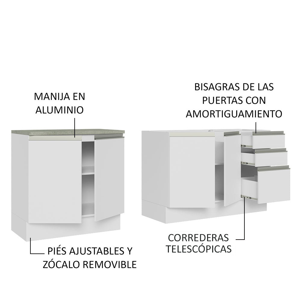 Kit con 2 Muebles de Cocina 4 Puertas y 3 Cajones (Sin Tablero Ni Fregadero) Blanco Glamy Madesa 06