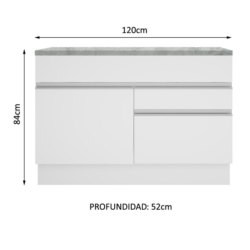 Gabinete Bajo para Fregadero 120 cm 1 Puerta y 2 Cajones (Con Encimera) Blanco Glamy