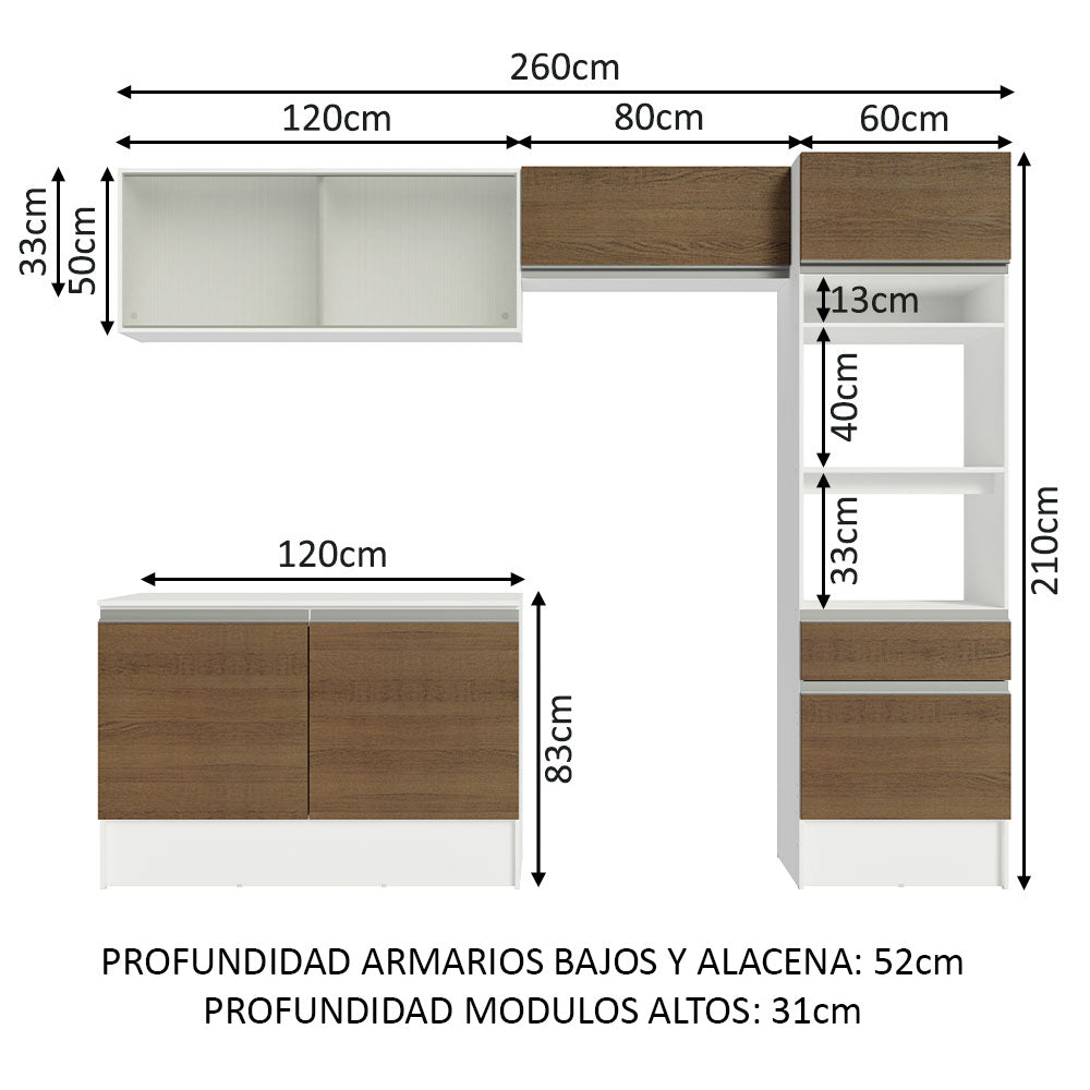 Cocina Integral Madesa 260cm Blanco/Marrón Topazio 01