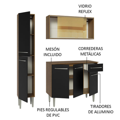 Cocina Compacta 137cm Sin Mesón De Acero Marrón/Negro Emilly Madesa 06