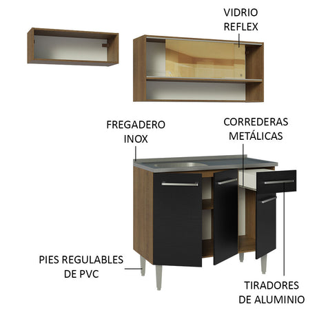 Cocina Compacta 165cm Con Mesón De Acero Marrón/Negro Emilly Madesa 01