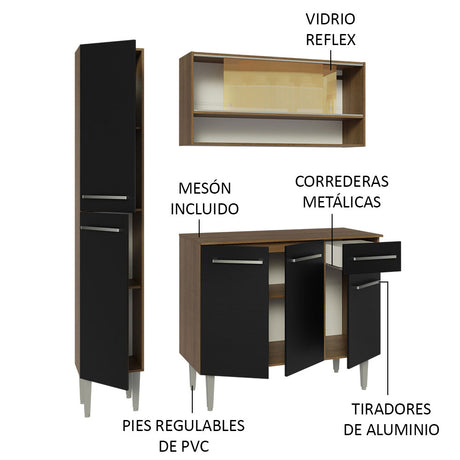 Cocina Compacta 137cm Sin Mesón De Acero Marrón/Negro Emilly Madesa 09