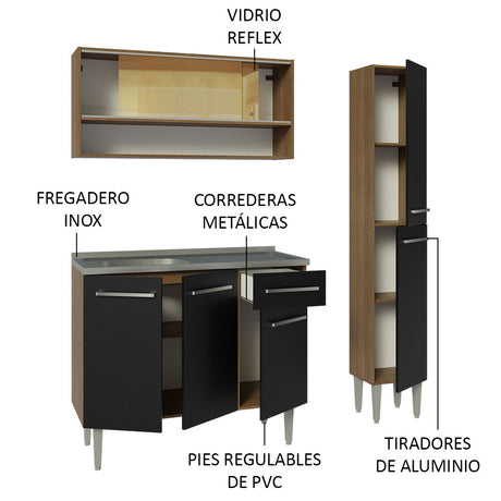 Cocina Compacta 137cm Con Mesón De Acero Marrón/Negro Emilly Madesa 10