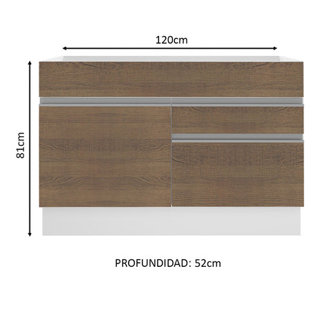 Mueble de Cocina para Fregadero Madesa Glamy 120 cm 1 Puerta y 2 Cajones (Sin Tablero ni Fregadero) Blanco/Marrón