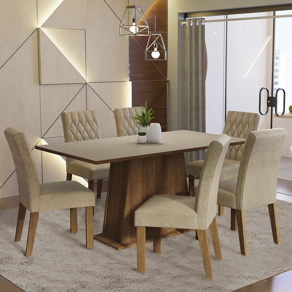 Juego de Comedor Mesa Tapa Madera 6 Sillas Britney Madesa - Marrón/Crema/Imperial