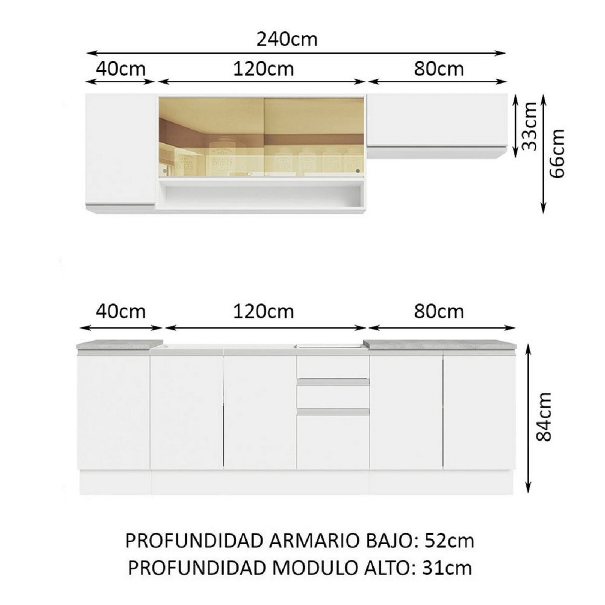 Cocina Integral 240cm Con Mesón de Acero Blanco Glamy Madesa 04