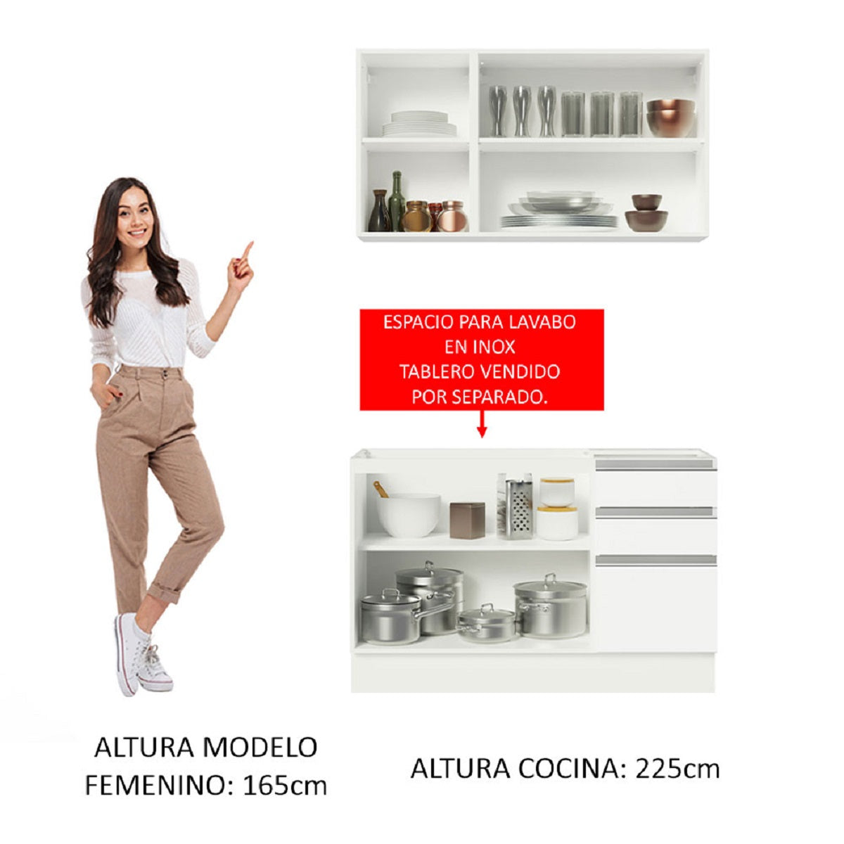 Cocina Compacta 120cm sin Mesón de Acero Blanco Glamy Madesa 01