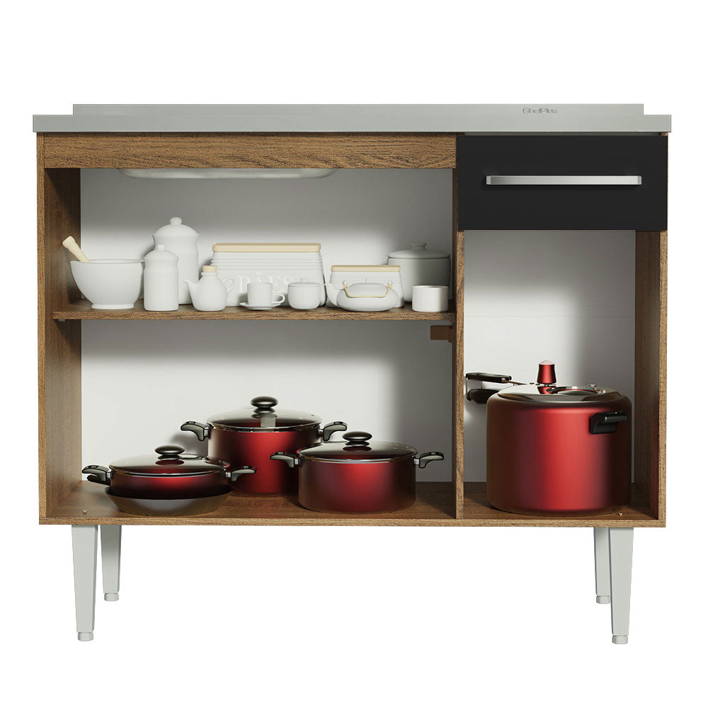Gabinete Bajo 105 cm 3 Puertas 1 Cajón con Fregadero Marrón/Negro Emilly Madesa
