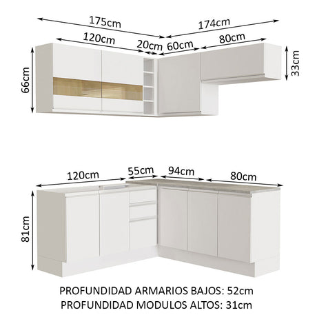 Cocina Integral Esquinera 349cm Blanco Glamy Madesa 01