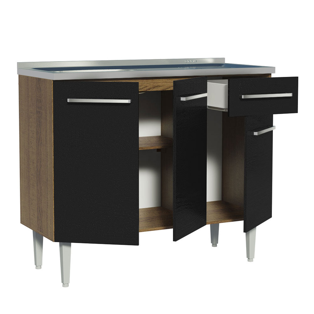 Gabinete Bajo 105 cm 3 Puertas 1 Cajón con Fregadero Marrón/Negro Emilly Madesa