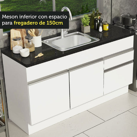 Mueble de Cocina Para Fregadero Madesa Glamy 150 cm 2 Puertas y 2 Cajones (Sin Tablero Ni Fregadero) Blanco