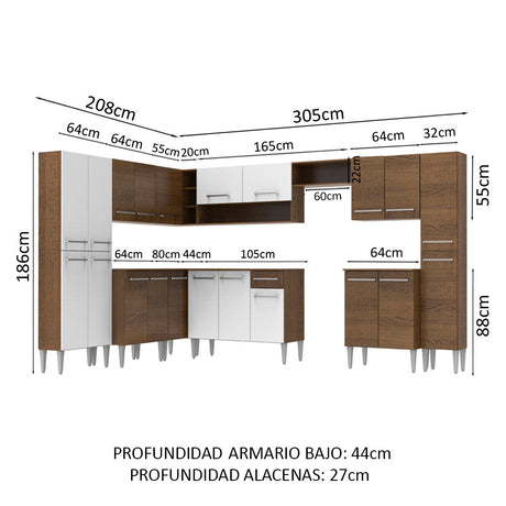 Cocina Integral Esquinera 513cm Marrón/Blanco Emilly Big Madesa 02