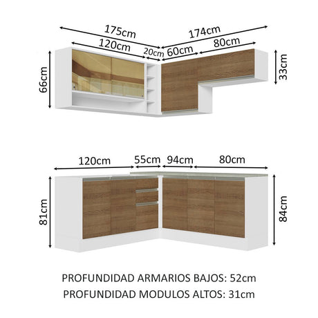 Cocina Integral Esquinera 349cm Blanco/Marrón Glamy Madesa 04