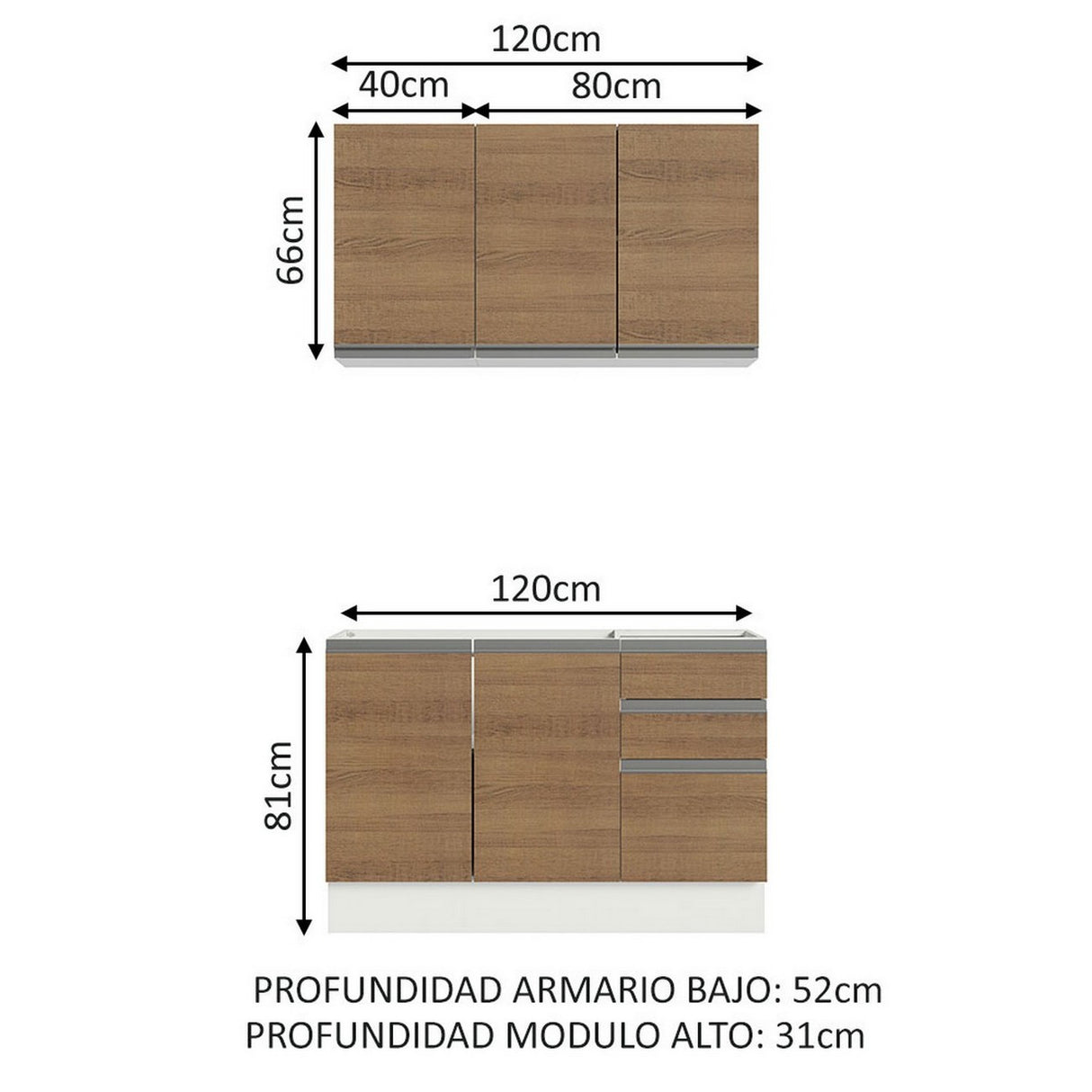Cocina Compacta 120cm sin Mesón de Acero Marrón/Blanco Glamy Madesa 01