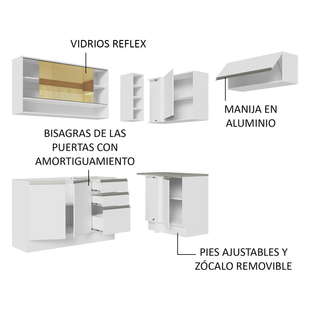 Cocina Integral Esquinera 349cm Blanco Glamy Madesa 06