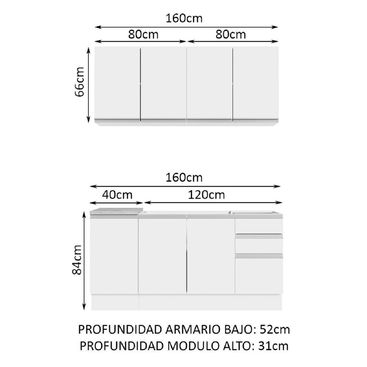 Cocina Compacta 160cm Blanco Glamy Madesa 01