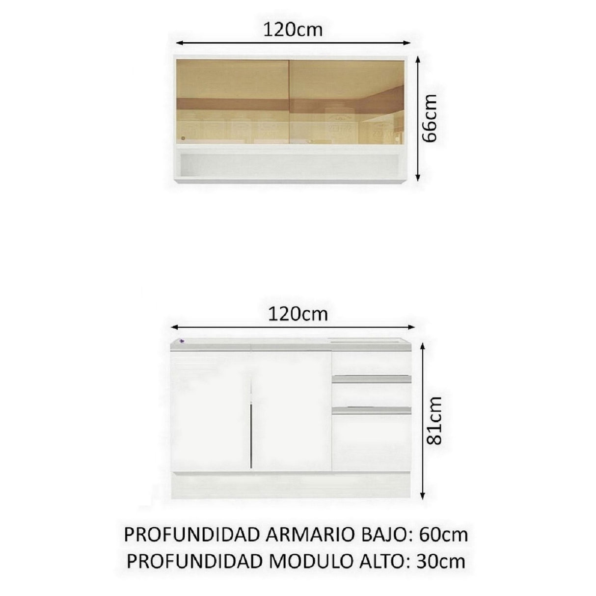 Cocina Compacta 120cm sin Mesón de Acero Blanco Glamy Madesa 02