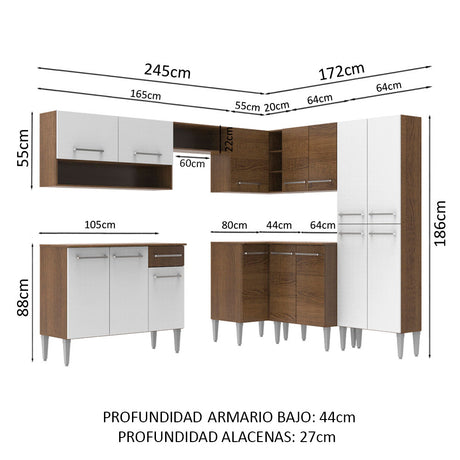 Cocina Integral Esquinera 417cm Marrón/Blanco Emilly Ice Madesa 01