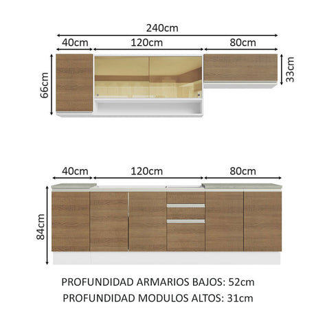 Cocina Integral 240cm Sin Mesón de Acero Blanco/Marrón Glamy Madesa 03