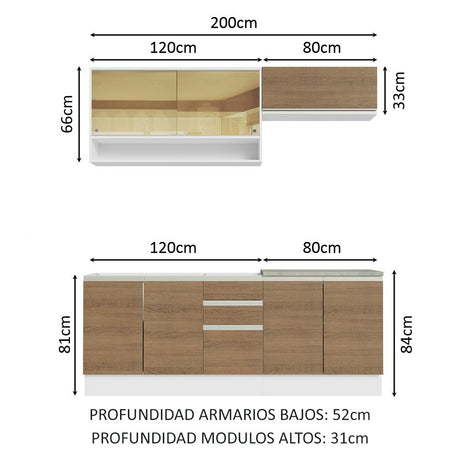 Cocina Integral 200cm Con Mesón de Acero Blanco/Marrón Glamy Madesa 04