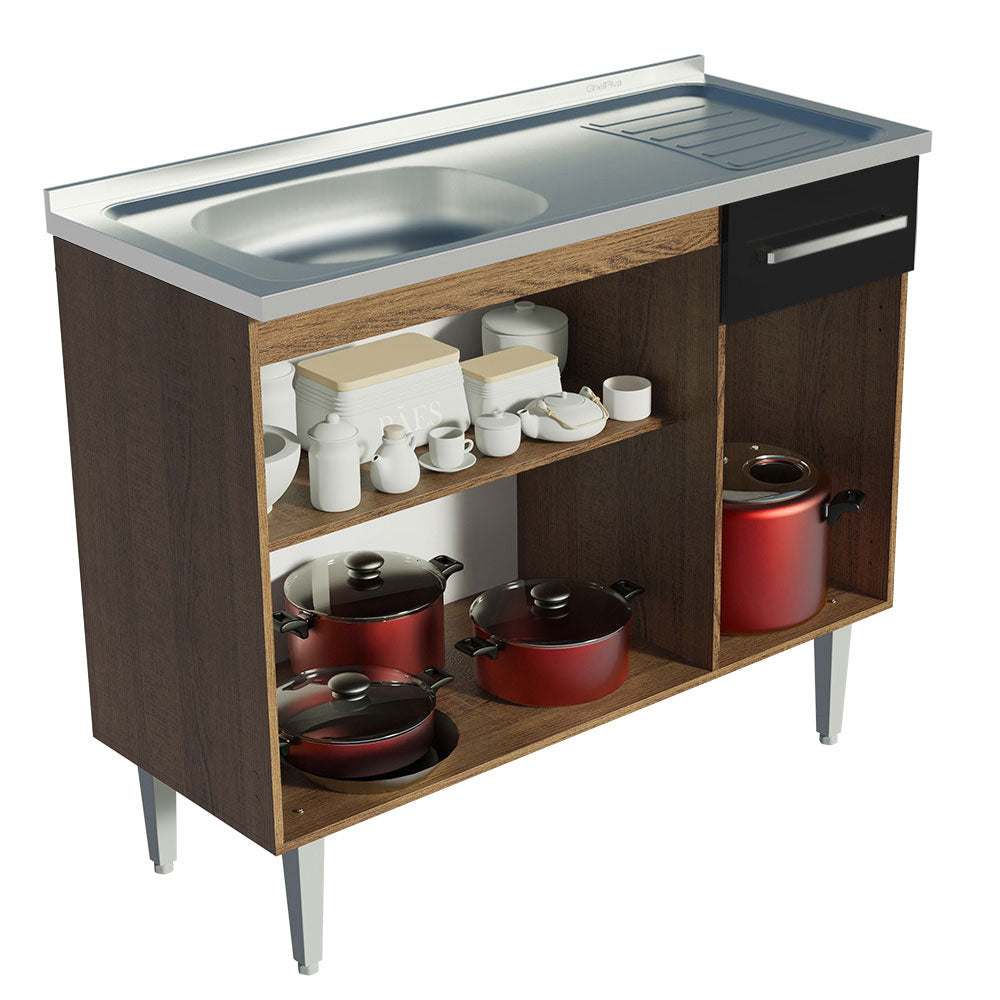 Gabinete Bajo 105 cm 3 Puertas 1 Cajón con Fregadero Marrón/Negro Emilly Madesa
