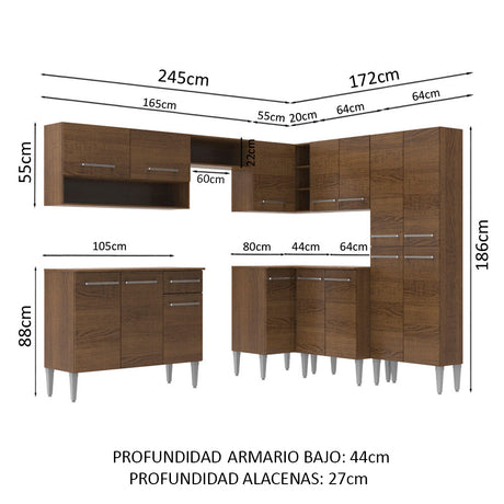 Cocina Integral Esquinera 417cm Marrón Emilly Ice Madesa 01