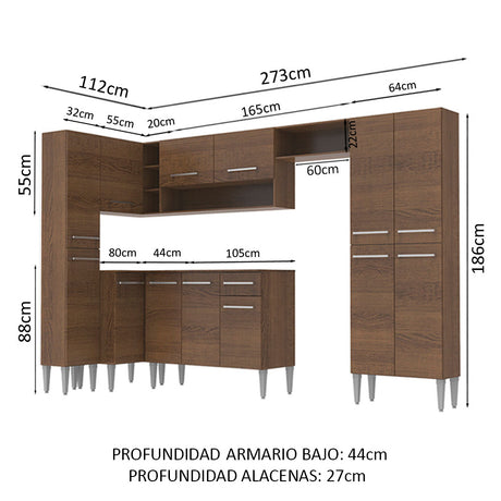 Cocina Integral Esquinera 385cm Marrón Emilly Love Madesa 01