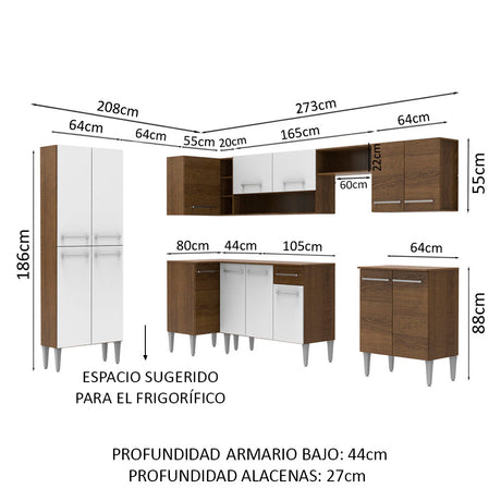 Cocina Integral Esquinera 481cm Marrón/Blanco Emilly Moon Madesa 01