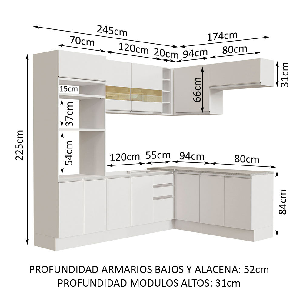 Cocina Integral Esquinera 419cm Blanco Glamy Madesa 01