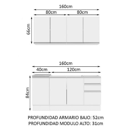 Cocina Compacta 160cm Con Mesón de Acero Blanco Glamy Madesa 03