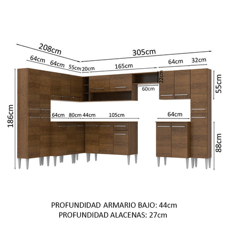 Cocina Integral Esquinera 513cm Marrón Emilly Big Madesa 02