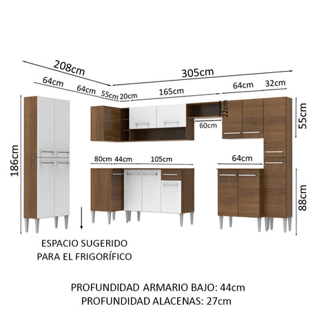 Cocina Integral Esquinera 513cm Marrón/Blanco Emilly Live Madesa 01