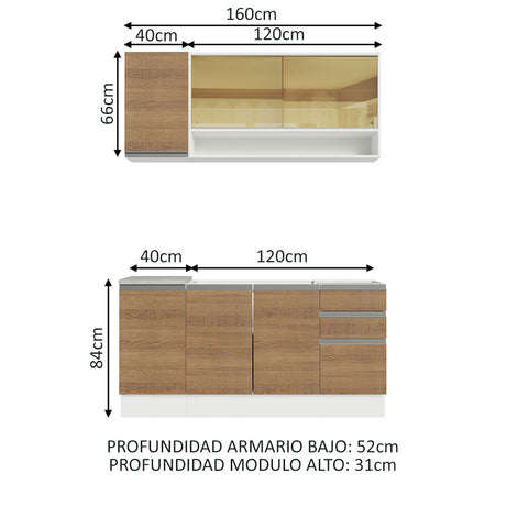 Cocina Compacta 160cm Sin Mesón de Acero Blanco/Marrón Glamy Madesa 02