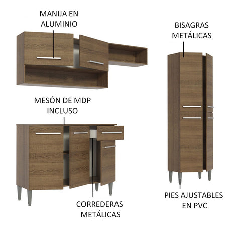 Cocina Integral 229cm Sin Mesón De Acero Marrón Emilly Pop Madesa 02