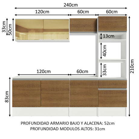 Cocina Integral 240cm Blanco/Marrón Diamante Madesa 06