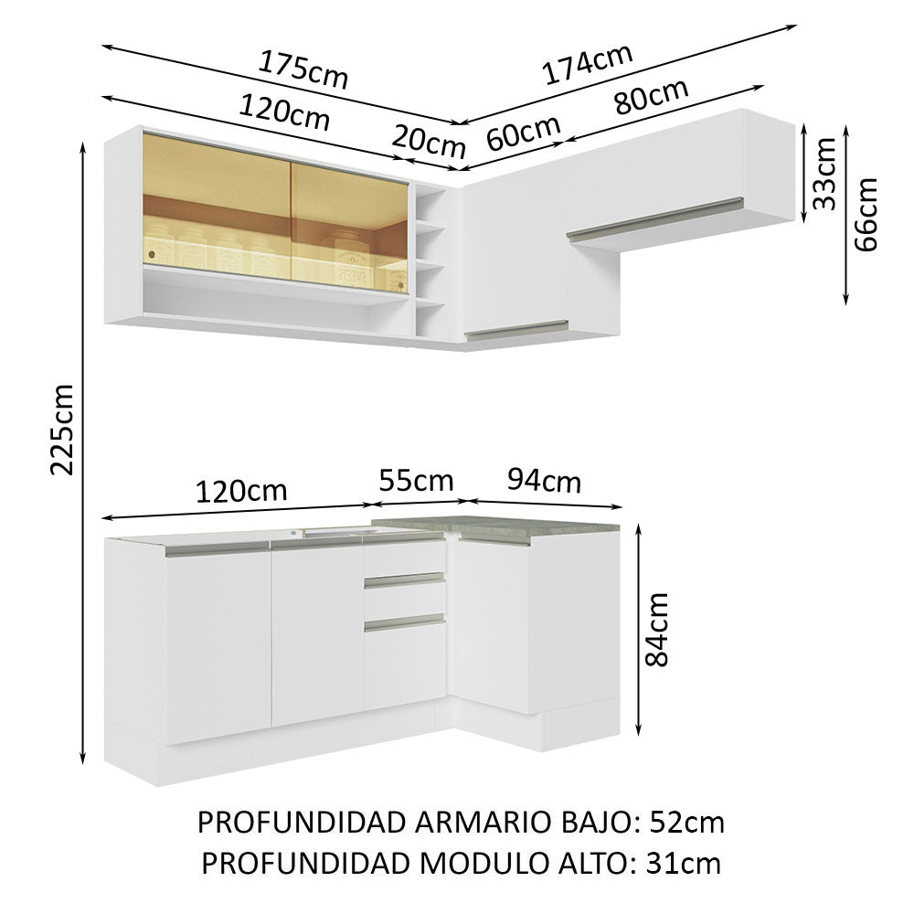 Cocina Integral Esquinera 349cm Blanco Glamy Madesa 06