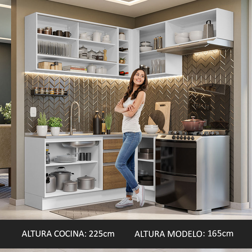 Cocina Integral Esquinera 349cm Blanco/Marrón Glamy Madesa 06