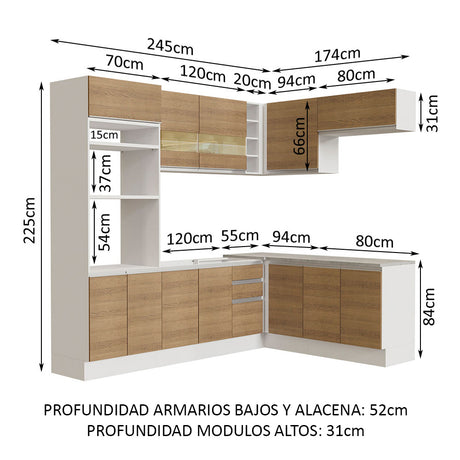 Cocina Integral Esquinera 419cm Blanco/Marrón Glamy Madesa 01