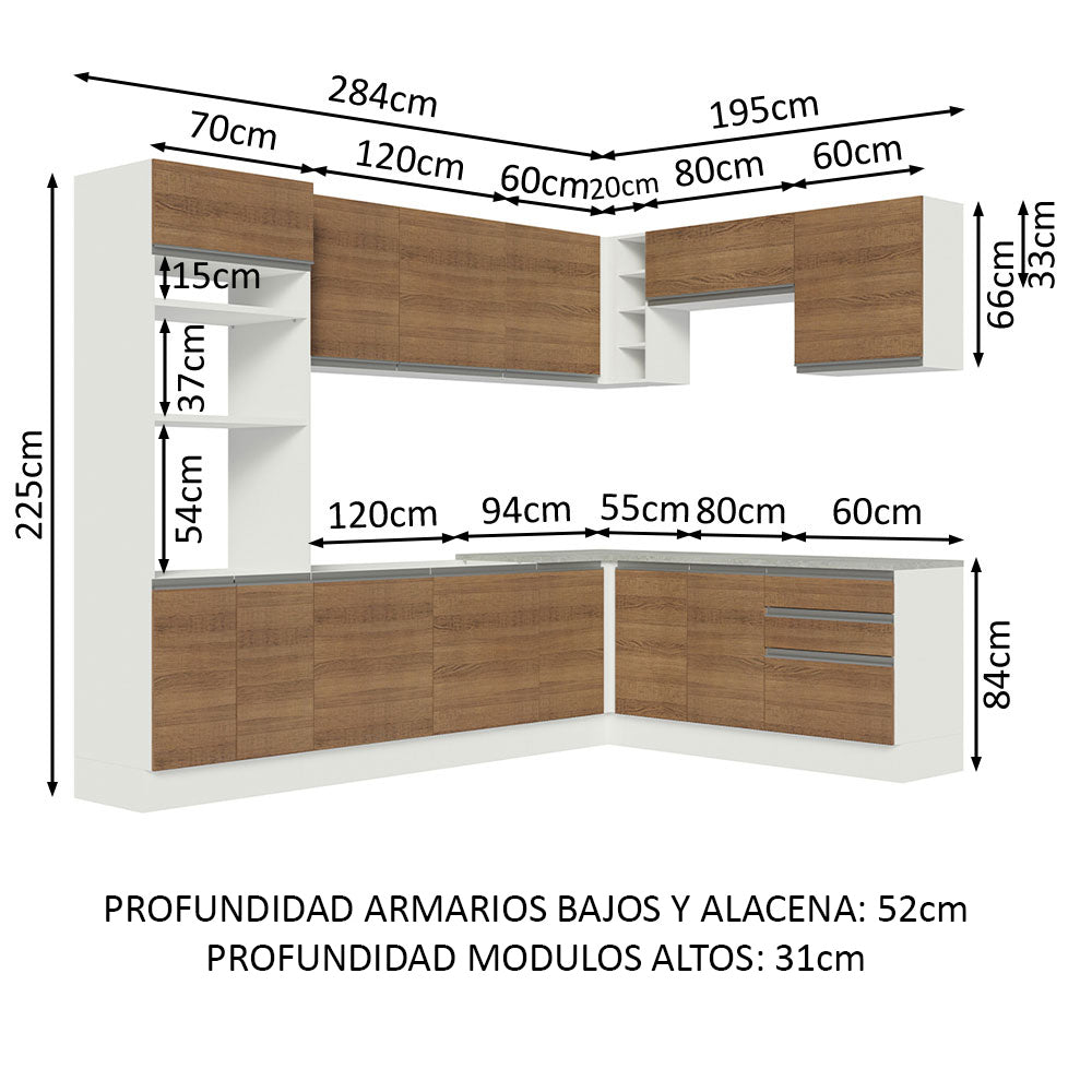 Cocina Integral Esquinera 479cm Blanco/Marrón Glamy Madesa 01