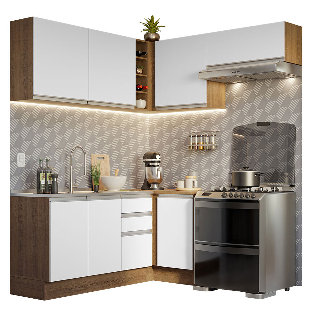 Cocina Integral Esquinera 349cm Marrón/Blanco Glamy Madesa 07