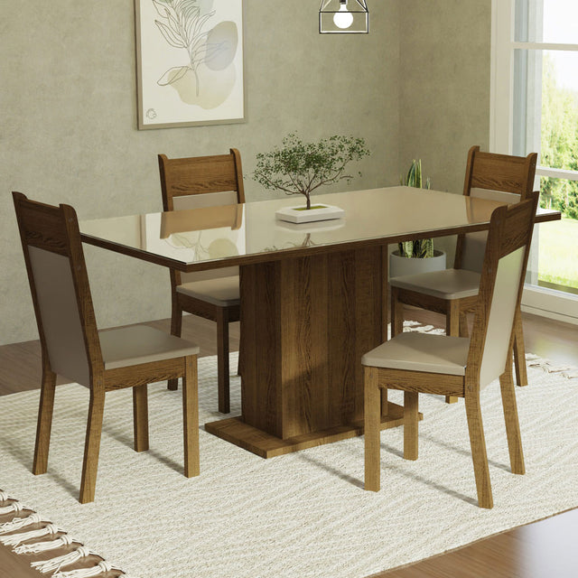 Juego de Comedor Mesa con Tablero de Vidrio 4 Sillas Crema/Marrón/Beige Greta Madesa