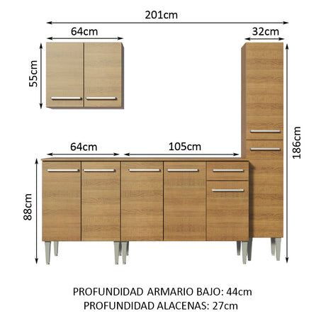 Cocina Compacta 201cm Con Mesón De Acero Marrón Emilly Madesa 01