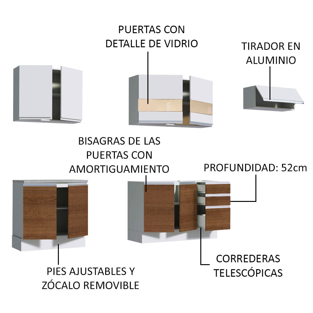 Cocina Integral 280cm Blanco/Marrón/Blanco Glamy Madesa 03